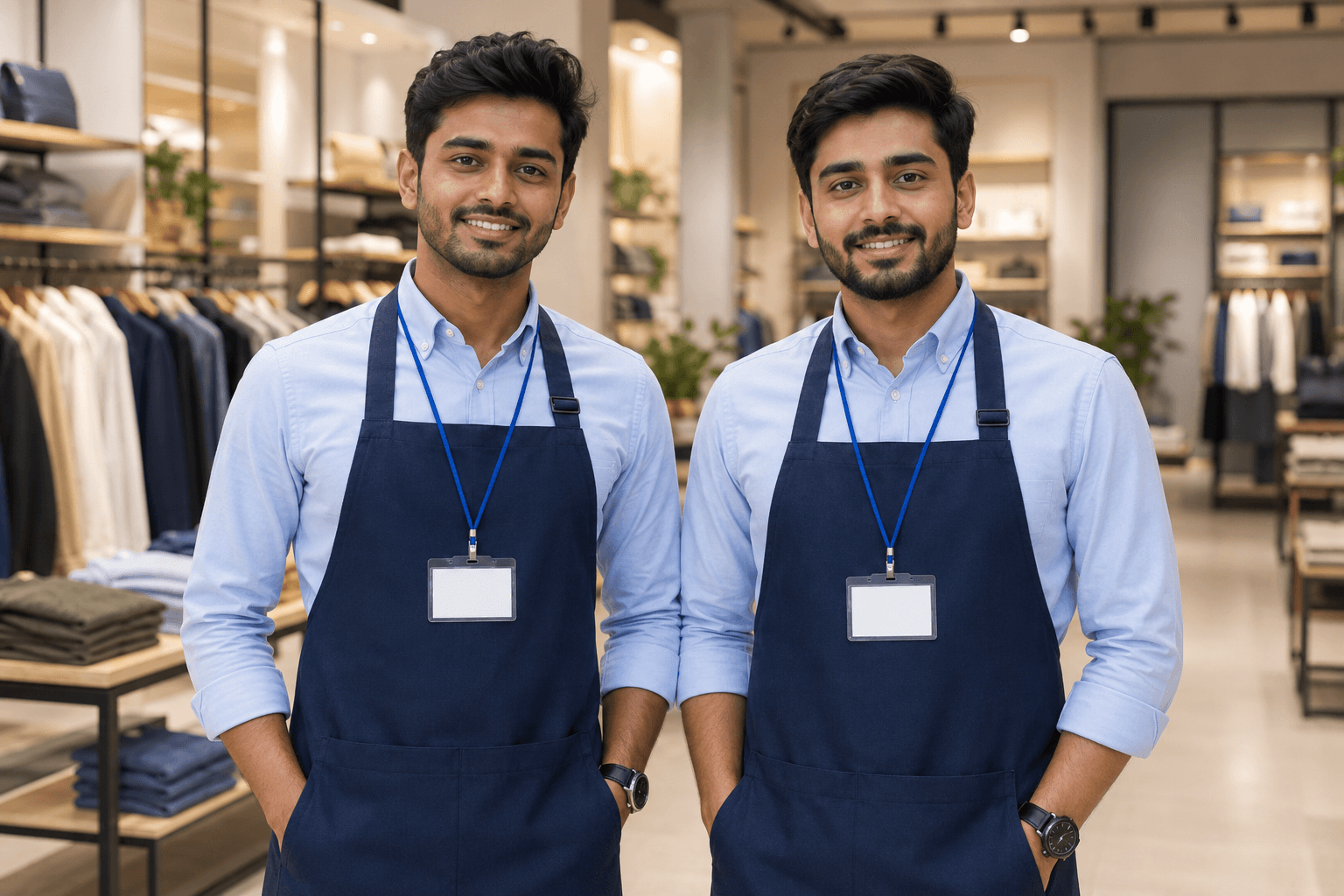 Two professional storekeeping staff in Solutions Contracting Company aprons